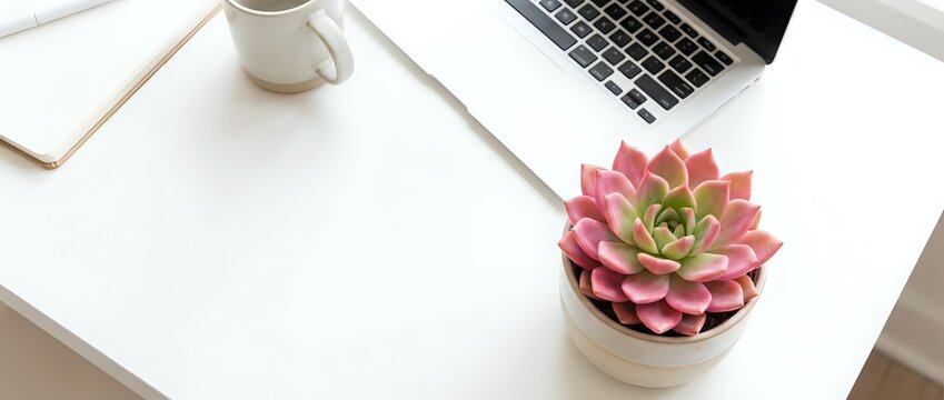 Overhead view of a minimalist workspace with a pink succulent plant