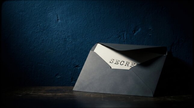 Secret message card inside dark grey envelope on wooden table, mysterious Father's Day surprise, top secret theme, moody cinematic lighting, intrigue, surprise gift for dad.