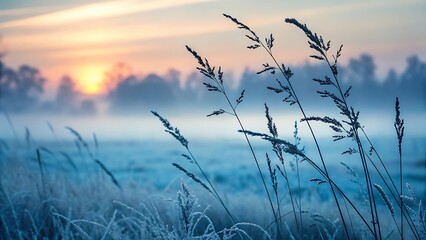 Obraz premium Wild grass stalks in a misty morning field at sunrise, serene nature landscape background.