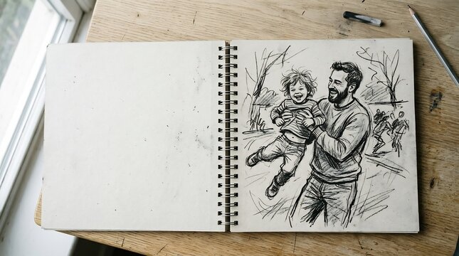 Charcoal sketch of a happy father lifting his laughing son in a spiral notebook, artistic hand-drawn illustration of paternal love and joy, Father's Day concept on wooden table.