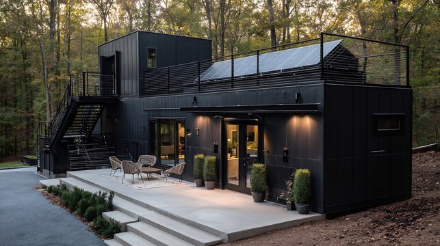 Modular sustainable home made of shipping containers sleek matte black finish solar panels on the roof forest setting