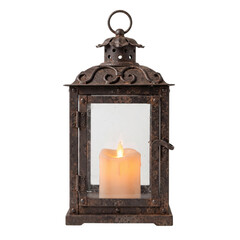 Vintage rusty iron lantern with glowing candle lit inside © shuphanida