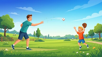 Fototapeta premium Father and young son playing catch with baseball in sunlit park, joyful bonding moment for Father's Day, active outdoor summer lifestyle illustration, happy family togetherness.