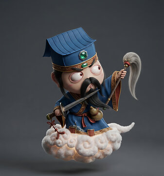 3D Cute Chibi Chinese General Guan Yu Dark Gray Background