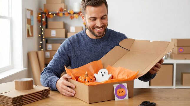 Smiling man packing Halloween merchandise in cardboard box for seasonal online retail order fulfillment. Festive pumpkin and ghost decoration, ecommerce shipping and small business concept