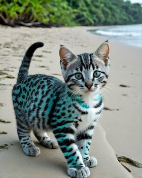 A cyan   marbled cat fantasy animal, fictional species kitten in a tidal beach