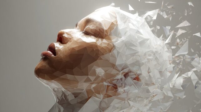 Woman face dissolving into particles