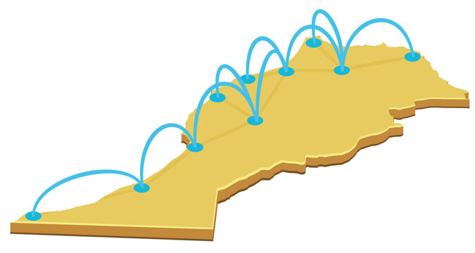 3D isometric map of Morocco with glowing connection arcs representing domestic network, logistics routing, communication infrastructure, and transport (cut out)