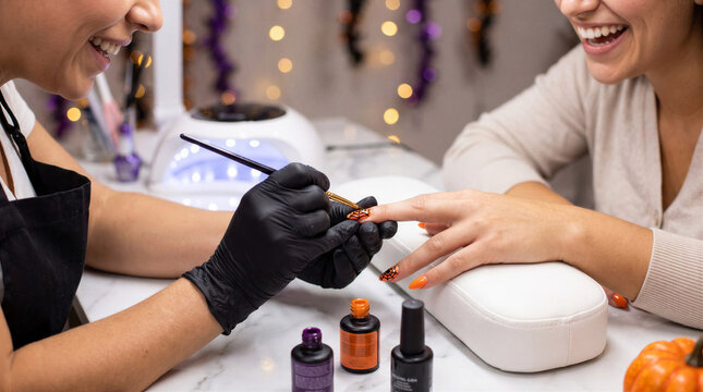 Woman receiving Halloween themed manicure from nail technician in decorated salon. Seasonal beauty service with orange spiderweb nail art, festive retail and self care concept