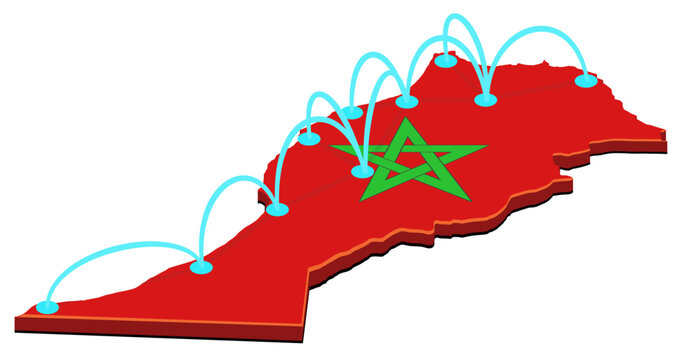 3D isometric map of Morocco with flag texture and glowing connection arcs representing domestic network, logistics routing, communication, and transport (cut out)