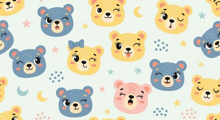 Fototapeta premium Cute Teddy Bear Faces Seamless Pattern Background with Copy Space