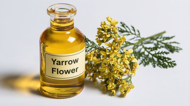 Yarrow flower essential oil in glass bottle with plants