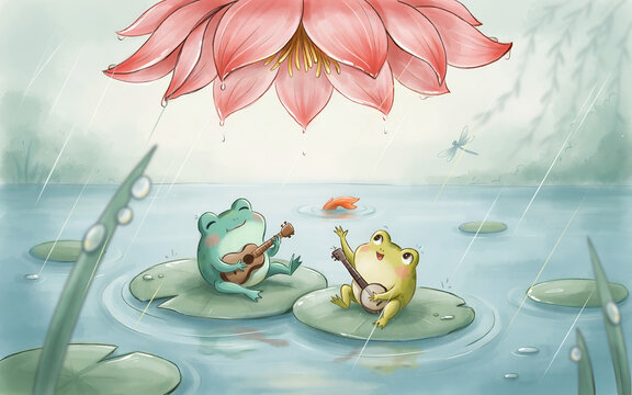 Two happy frogs playing instruments under a large pink lotus during a gentle rain shower