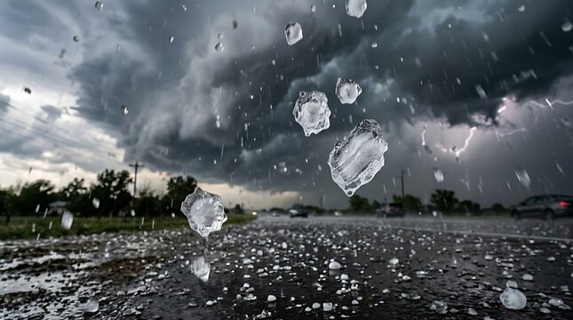 Severe Hailstorm with Large Ice Hailstones Falling on Highway Road under Dark Thunderstorm Clouds