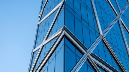 Obraz premium Abstract low angle view of a contemporary skyscraper exterior featuring sharp metallic fins and blue reflective glass