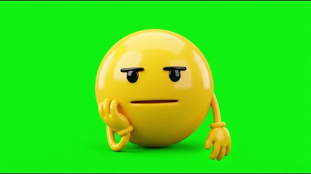 3D Bored Yellow Emoji Character Leaning on Hand Against Green Screen Background.