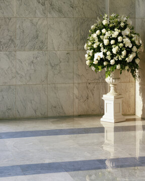Classical Floral Urn Arrangement on Pedestal Against Marble Wall