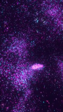 Vibrant magenta particles flow across a dark background in a vertical 3D render portraying subconscious emotion, psychological mood shifts, and inner energy