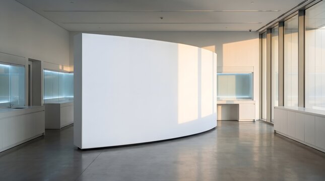 Wide Shot of Modern Curved Display Wall Mockup Illustrating Future Innovation with Copy Space in Minimalist Interior.