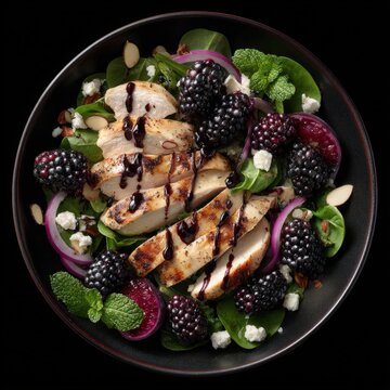 Grilled Chicken Spinach Salad with Blackberries and Feta