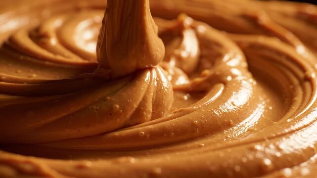 Close-up of creamy peanut butter swirling in a smooth, glossy texture with rich brown color