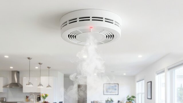 White smoke emitting from a circular smoke detector mounted on a ceiling