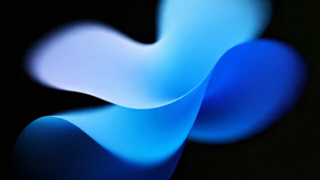 Abstract grainy background with blurred aura gradient floating fluid waves in vibrant light blue and soft pink over dark black backdrop design.