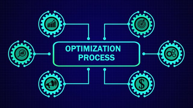 Business process optimization concept with digital gear icons and human resources symbols on high-tech blue background 4K