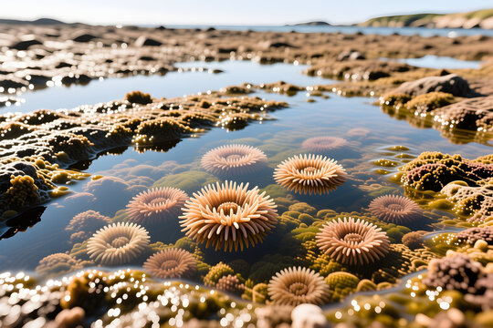 Tide pool with sea anemones overhead flat lay viewed from directly