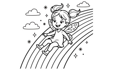 Adorable little fairy girl flying on a rainbow with clouds and sparkling stars