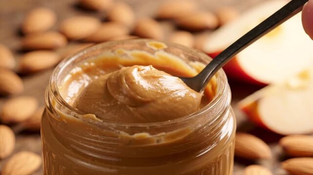 Close up of a spoon dipping into creamy peanut butter jar with almonds and apple