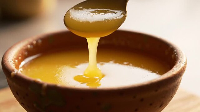 Close-up of a wooden spoon dipping into a bowl of golden clarified butter ghee