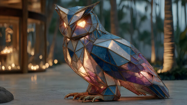 Futuristic geometric owl sculpture glowing crystal design Images