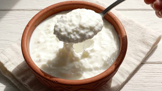 Hand scooping creamy white yogurt from a rustic ceramic bowl on a wooden surface