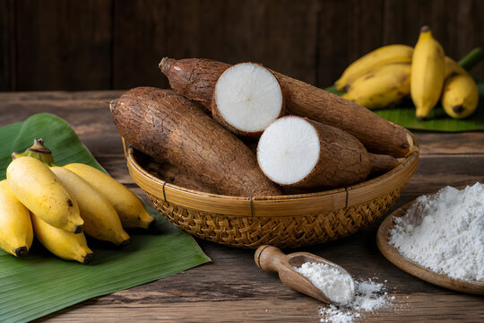 Cassava roots with banana and tapioca starch powder on rustic wood table, showing tropical food ingredients