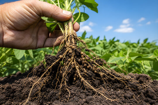 Farmer hand pulling soybean plant showing full root system from dark fertile soil with green field background