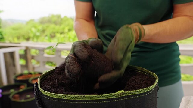 Gloved Gardener Plants a Young Seedling in Rich Soil, in a Fabric Container Outdoors, Supporting Home Gardening, Sustainable Growth and Plant Care