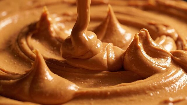 Thick swirling peanut butter with a glossy texture and rich brown color