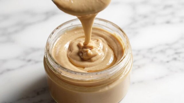 Creamy tahini sauce dripping into a glass jar on a marble surface