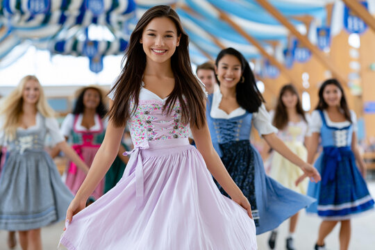 Group of young women in traditional Bavarian dresses dancing joyfully at a festive event, colorful decorations and wooden beams visible in the background