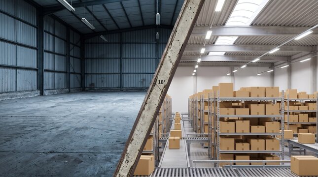 Split Screen Comparison of Empty Industrial Warehouse and Modern Stocked Storage Facility. Industrial warehouse interior. Industrial Warehouse Empty Versus Stocked Storage