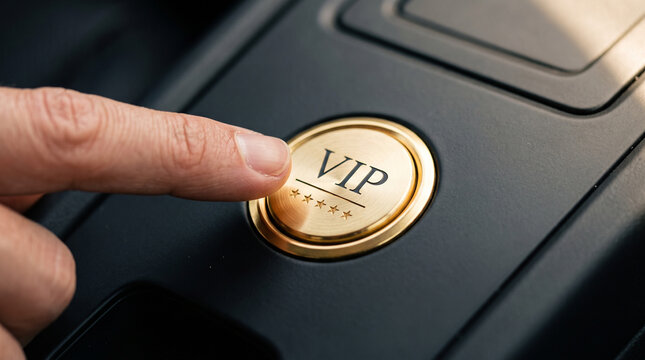 Finger presses a shiny golden VIP button located inside a luxury vehicle.