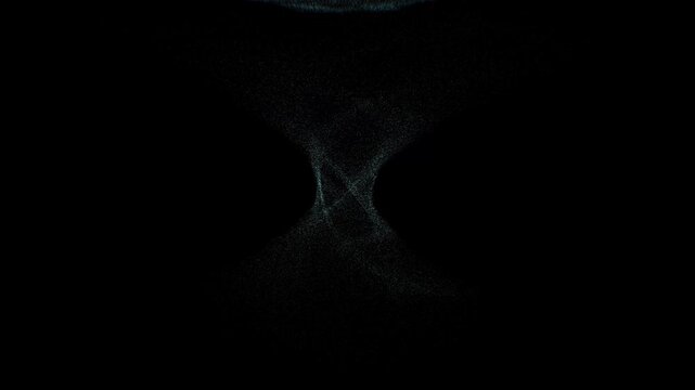 Luminous cyan particle streams converge into an hourglass vortex in a dark 3D animation symbolizing anxiety, focus, and time pressure