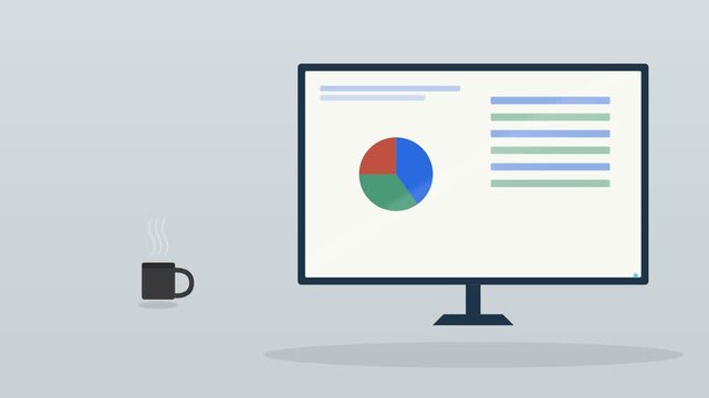 desktop computer monitor showing a report with a pie chart and a coffee cup on a warm desk, cool blue tone
