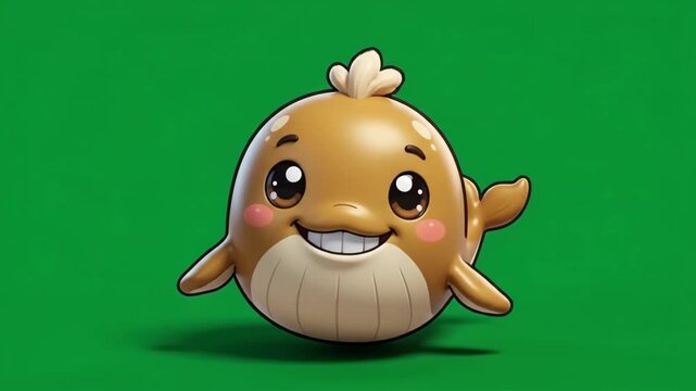 Adorable Cartoon Baby Whale Character with Big Eyes and Happy Smile, Cute Ocean Marine Animal Illustration for Kids and Education, Vibrant Green Ba...