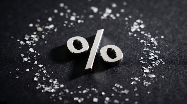 % Percentage Symbol Made of Metallic Chrome on Dark Textured Paper with Scattered Silver Fragments, Economy Concept Closeup
