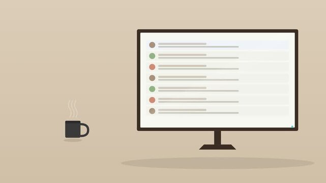 desktop computer monitor showing an email inbox with a coffee cup on a warm desk, mocha brown tone