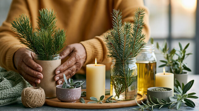 Person arranging potted evergreen plants and candles on a wooden tray with olive branches and glass jars filled with oil in a cozy indoor setting