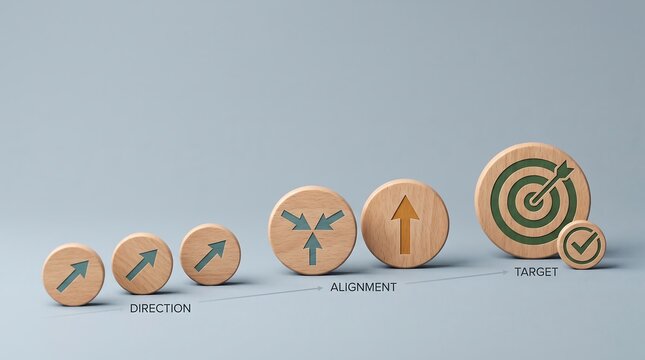 Strategic Alignment Process With Wooden Discs Showing Direction And Target