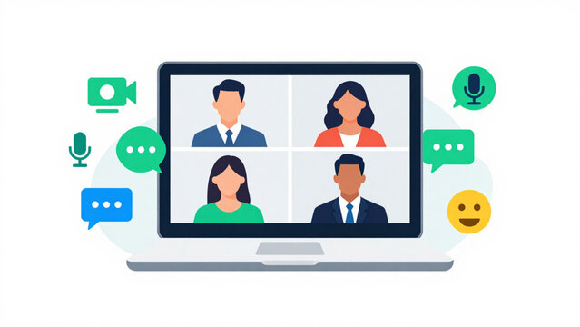 Flat vector video conference illustration featuring online meeting, remote work, webcam, virtual call, screen sharing, participants, clean white background, minimal flat design style
